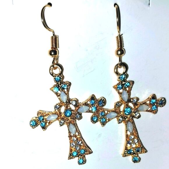 Elegant Gold and Blue Cross Earrings - Picture 5 of 6